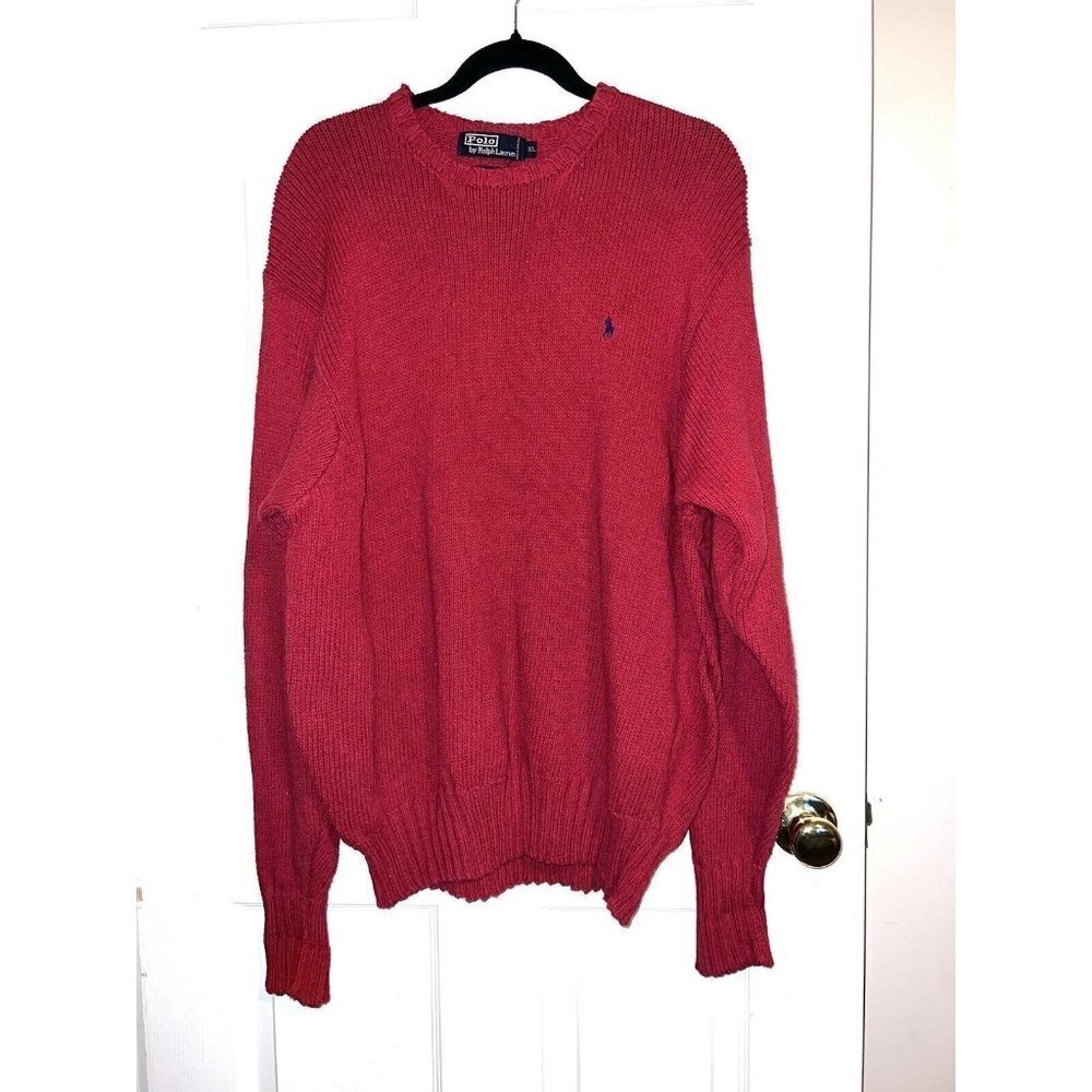 Vintage POLO RALPH LAUREN Mens Pullover Sweater Red Knit Crewneck Cotton Pony XL